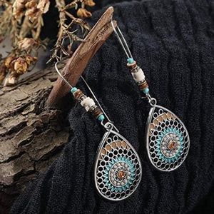 Boho Ethnic Beaded Dangle Earrings Silver And Turquoise